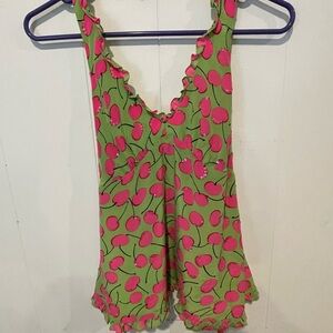 Y2K Pink Cherry Print Green halter top